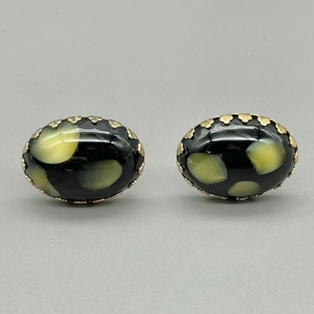 Vintage Oval Cufflinks Black Green Art Glass Cabochon Gold Tone Men's Jewelry